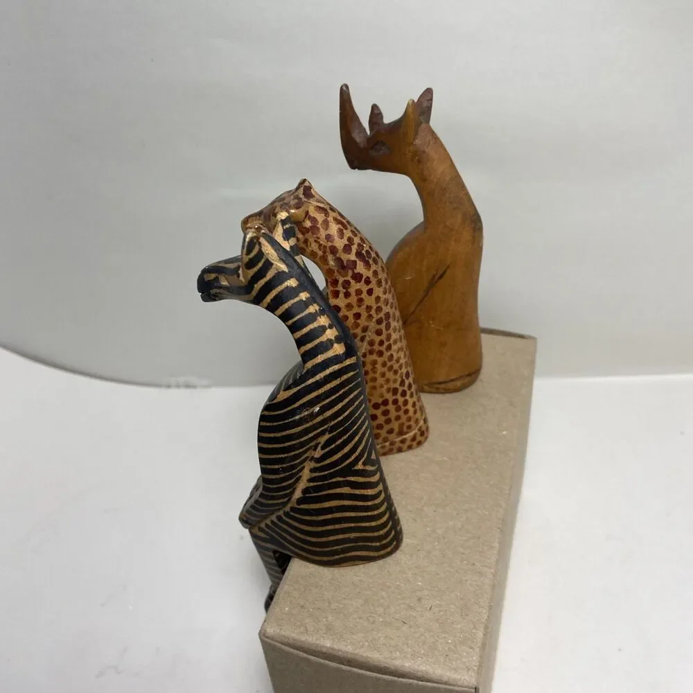 Handcarved Wooden Zoo Animal Shelf Sitters Lot of 3 Zebra Cheetah Rhino 6